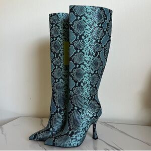 Gianni Bini Lennoxe Snake Print Leather Stilleto Heel Boots Teal Black 6.5 NWOT